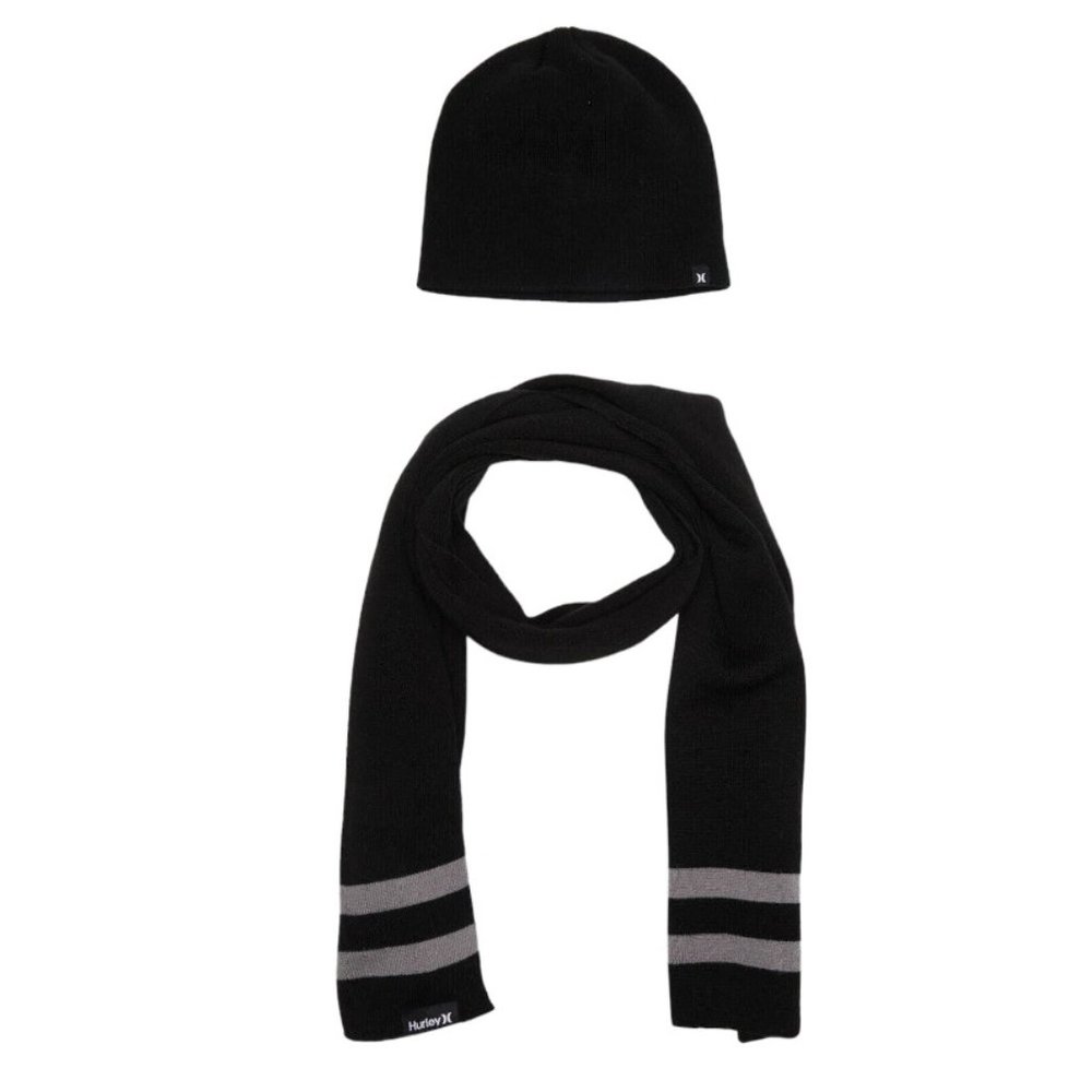Hurley Black/ Grey Stripe New Yorker Soft Knit Beanie Hat Scarf Holiday Gift Set